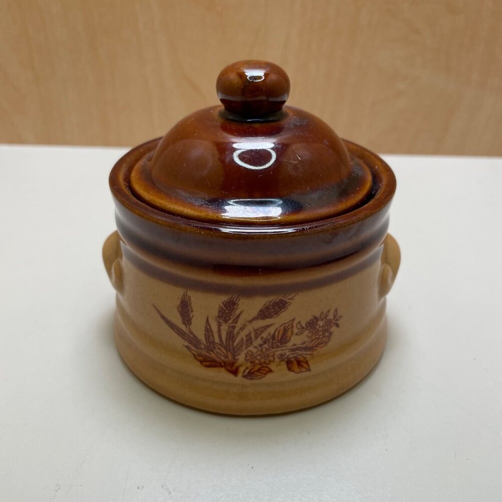 Vintage Brown Ceramic Lidded Crock With Wheat Design